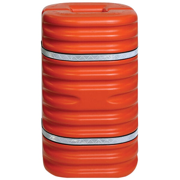 An orange Eagle Manufacturing column protector with silver stripes.