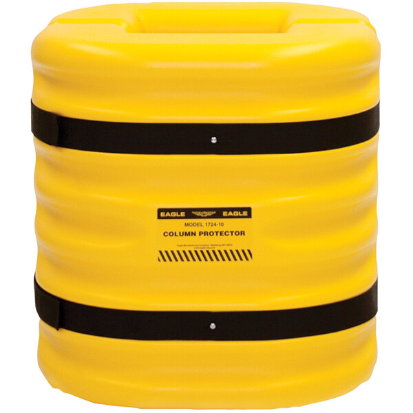 A yellow Eagle Manufacturing column protector with black straps.