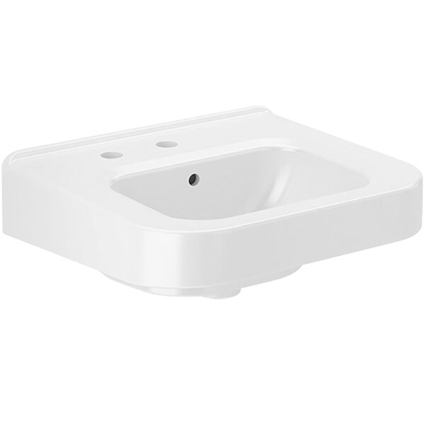A white vitreous china Sloan wall mounted ledgeback sink with a single left hand hole.