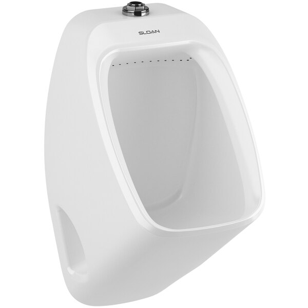 A white Sloan urinal with a silver top spud inlet.