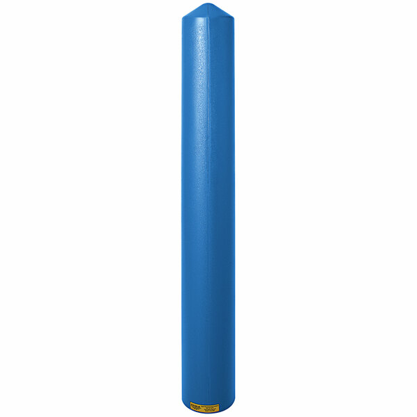 A blue cylindrical object with a white background and a yellow label.