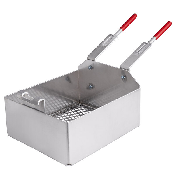 A silver rectangular stainless steel fryer basket with red handles.