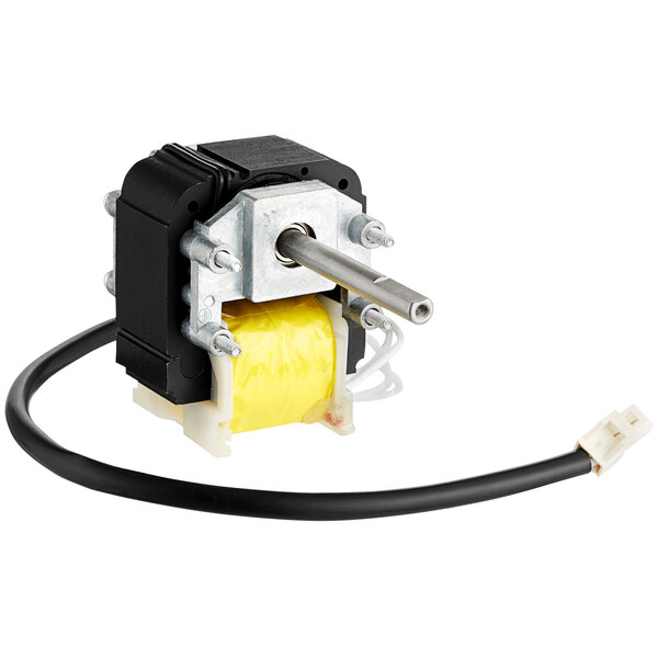 An Avantco fan motor with a silver and yellow wire attached.