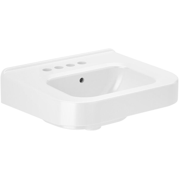 A white Sloan wall mounted sink with 4" centerset and left hand soap hole.