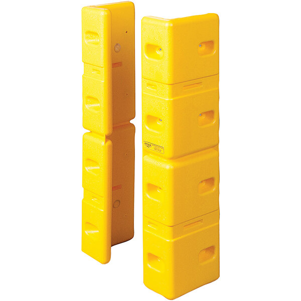 Two yellow rectangular Eagle Manufacturing corner protectors with holes.