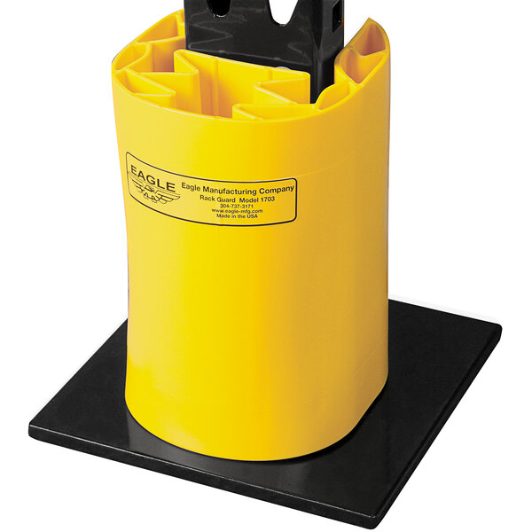 A yellow plastic Eagle Manufacturing rack guard with black accents.
