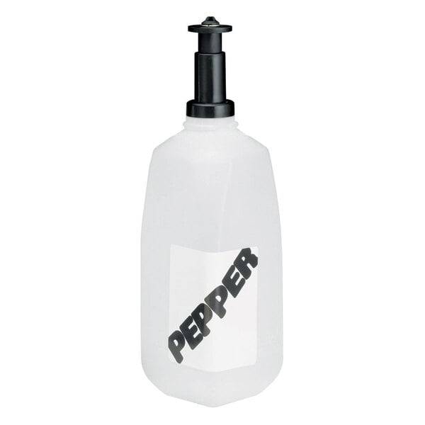 A white Tablecraft pepper refiller bottle with a black pump.
