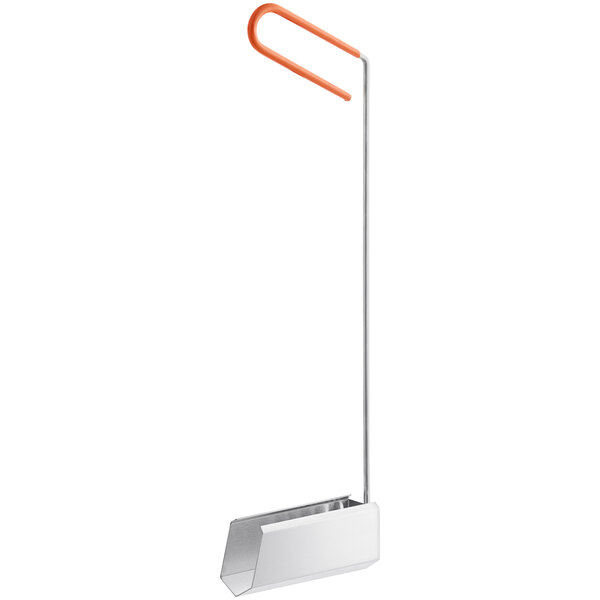 A white rectangular metal stand with a black border and an orange handle with a metal scoop on top.