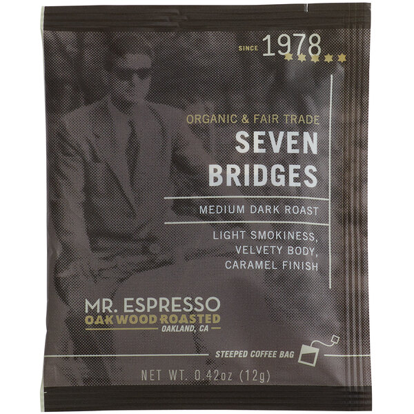 A case of Mr. Espresso Organic Seven Bridges Blend single serve coffee bags.