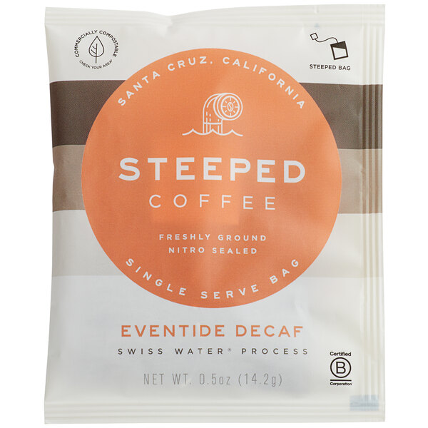 A white Steeped Coffee package of Eventide Blend Decaf Single Serve Bags.