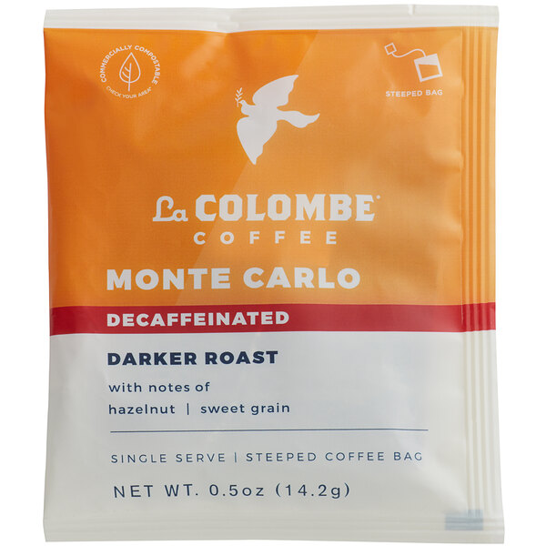A package of La Colombe Monte Carlo Blend decaf coffee single serve bags.