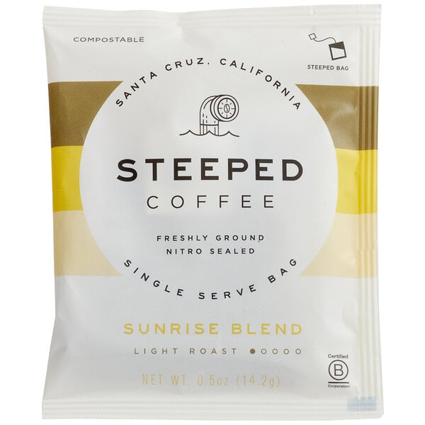 A white and yellow Steeped Coffee package with a white circle and black text with the words "Sunrise Blend" and a logo.