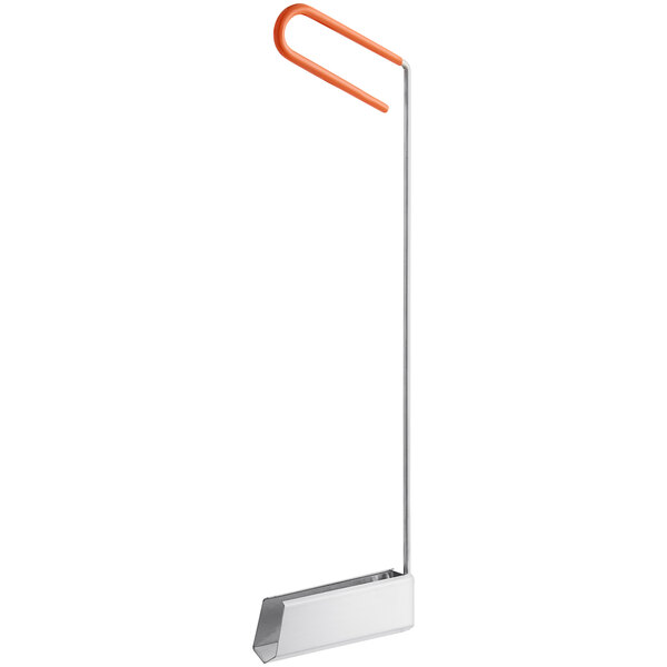A Fryclone crumb scoop with a long metal handle and an orange grip.