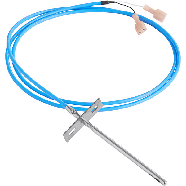 A blue wire with a metal connector on a Cooking Performance Group temperature probe.