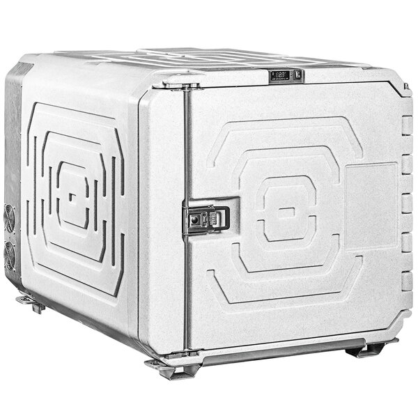 A white metal Coldtainer portable freezer container with a door.