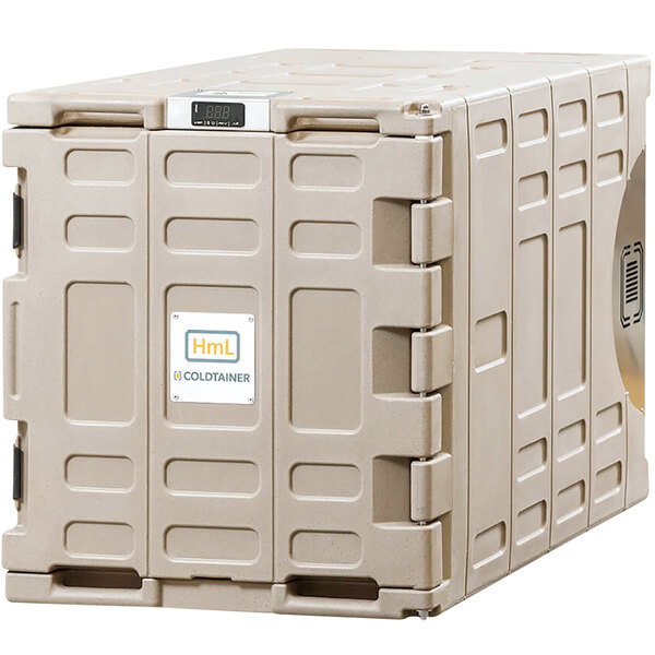 A large white Coldtainer battery powered heated container with a digital display.