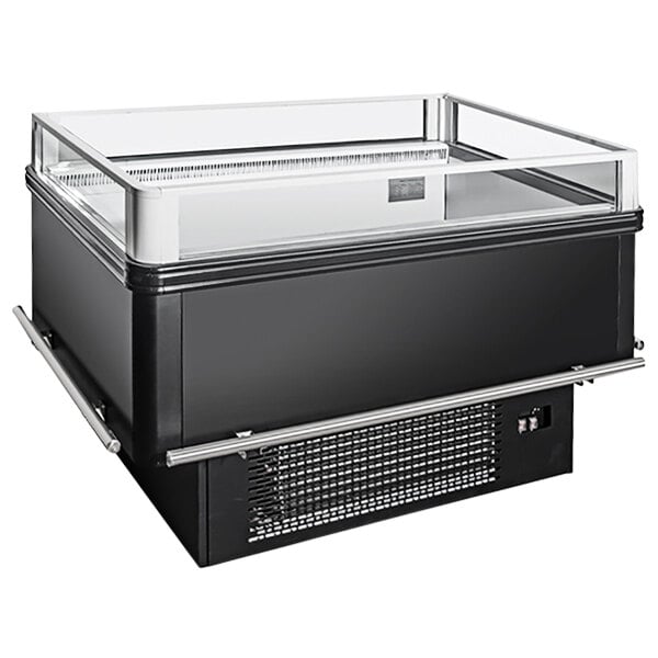 A black and silver Kool It open air dual temperature refrigerated and freezer island merchandiser with a glass top.