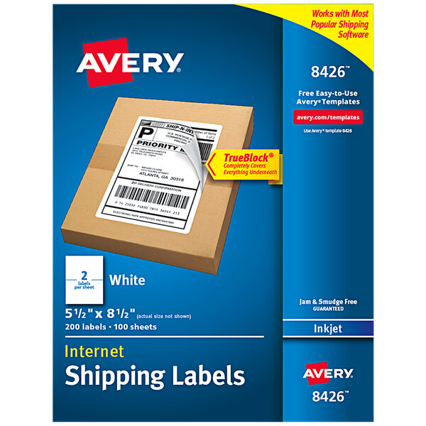 A box of 200 sheets of white Avery shipping labels with a label on the front.