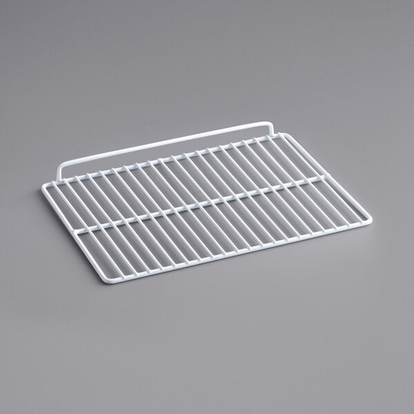 A white coated wire shelf for an Avantco countertop display refrigerator.