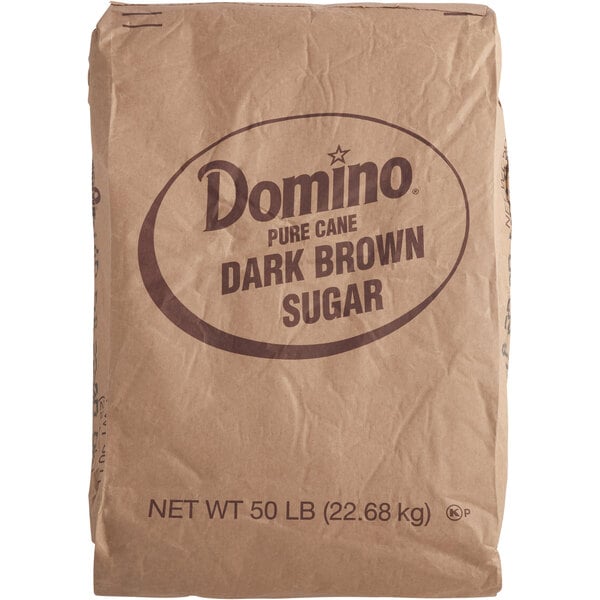 A brown Domino bag of dark brown sugar.