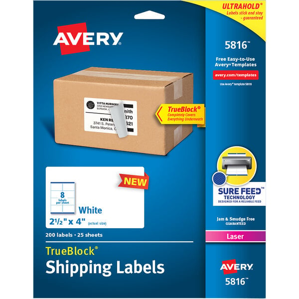 A box of white Avery shipping labels with a yellow and white label.