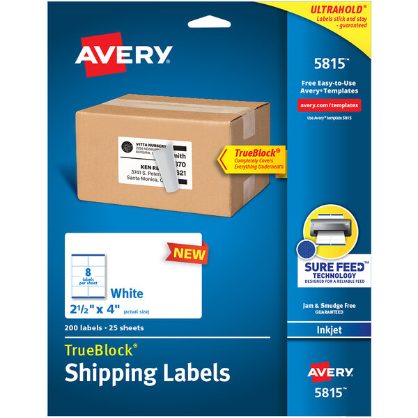 A package of Avery white shipping labels for inkjet printers.