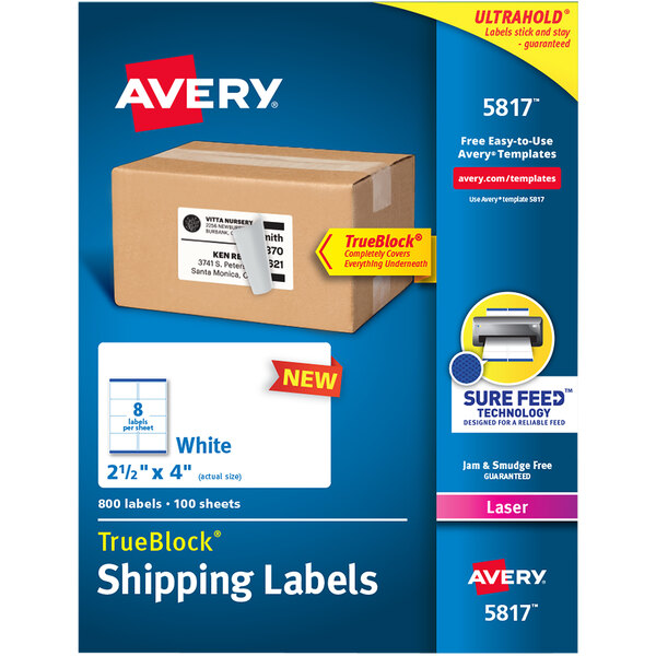 A brown box with a white label that says "Avery Shipping Labels" on it.