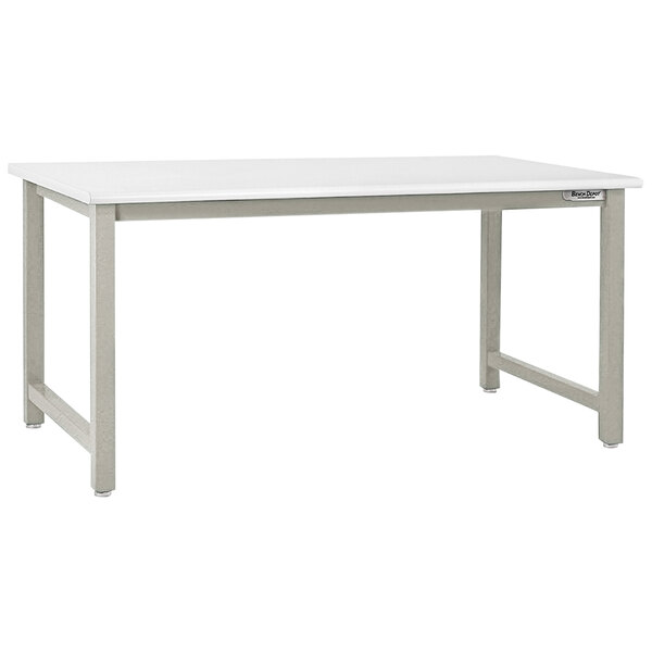 A white BenchPro workbench with metal legs.