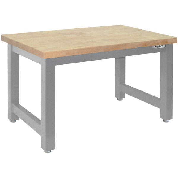 A BenchPro Harding workbench with a maple butcher block top and gray metal legs.