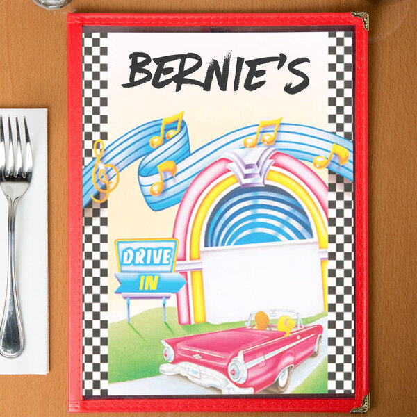 Menu paper with a retro jukebox design on a table with a fork and knife.