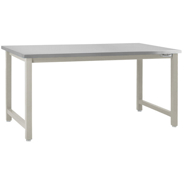 A white rectangular table with metal legs and a stainless steel top.
