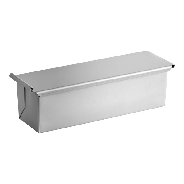 A rectangular glazed aluminized steel Pullman bread loaf pan with a sliding cover.