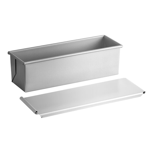 A rectangular aluminized steel Pullman bread loaf pan with a separate sliding cover.