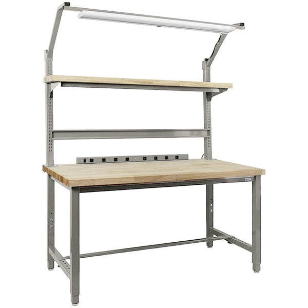 A BenchPro Kennedy wood and metal workbench with two shelves and a light.