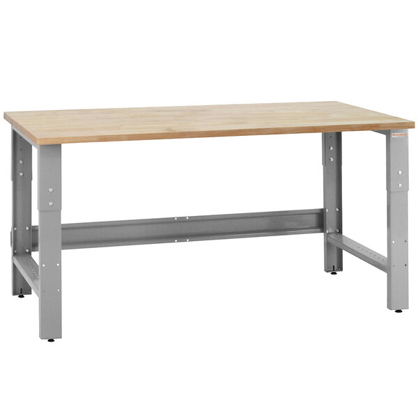 A BenchPro Roosevelt workbench with a maple butcher block top and metal legs.