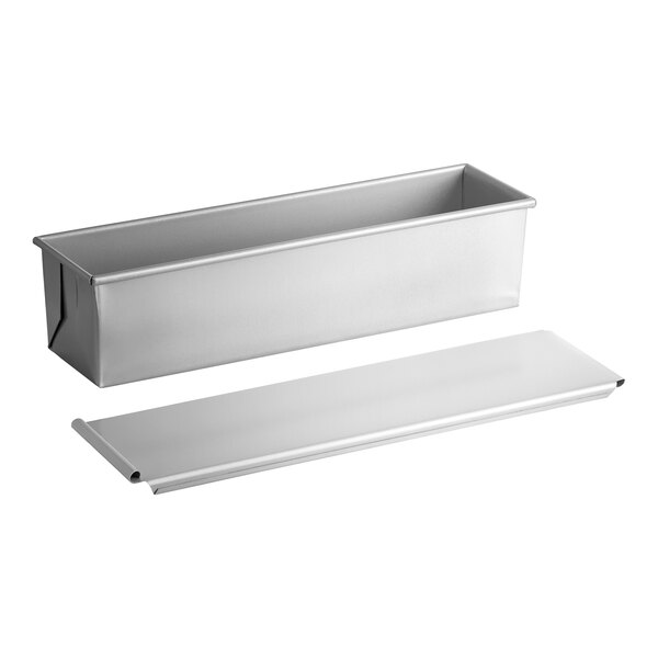 A rectangular glazed aluminized steel Pullman bread loaf pan with a sliding cover.