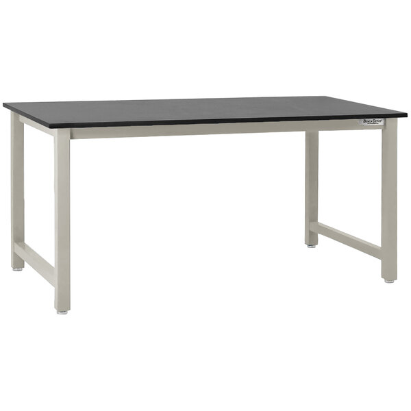 A black workbench with a gray top and metal legs.