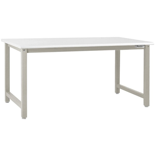 A white BenchPro workbench with a gray metal frame and legs.