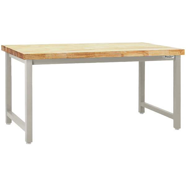 A BenchPro Kennedy workbench with a wooden butcherblock top and gray metal frame.