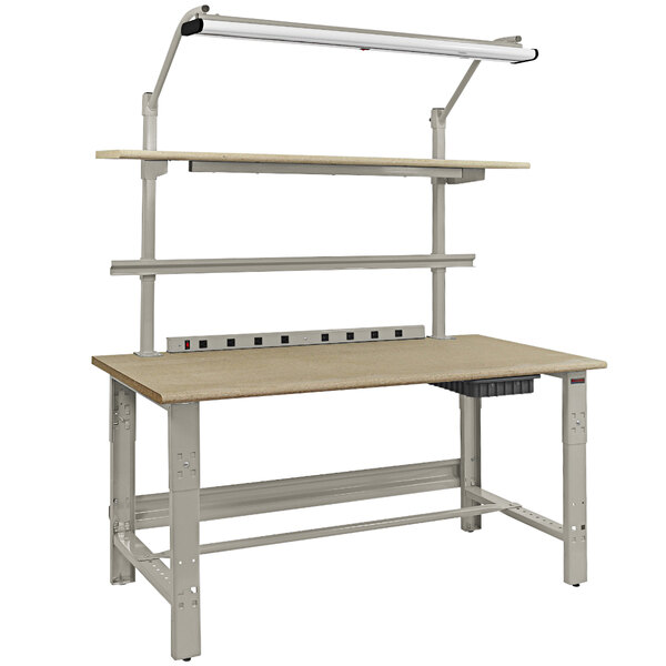 A BenchPro Roosevelt series workbench with a light gray base and two shelves.