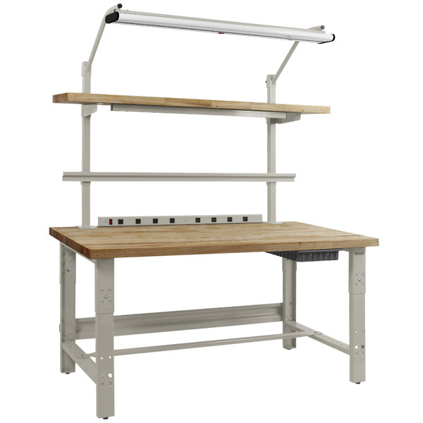 A BenchPro Roosevelt series wooden workbench with a white base and a light on top.