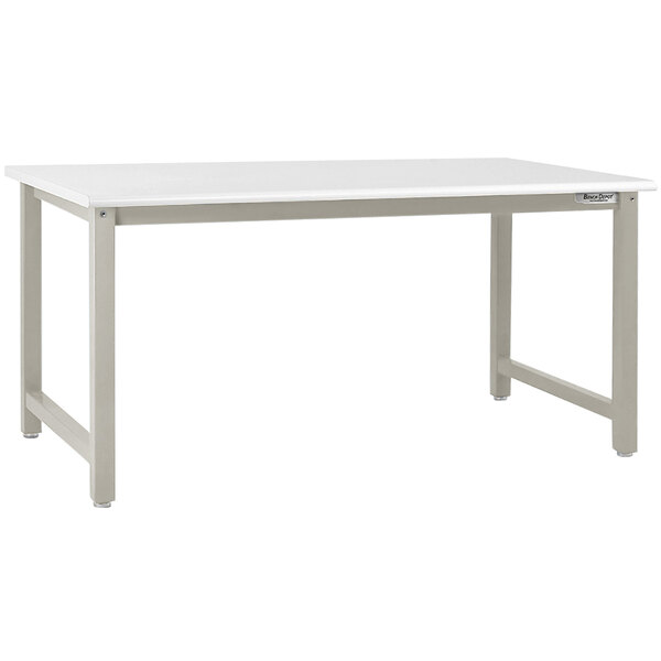A white BenchPro workbench with gray metal legs.