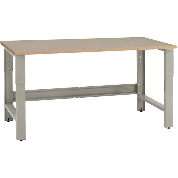 A BenchPro Roosevelt workbench with a particle board top and gray metal legs.