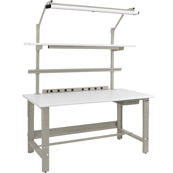 A white workbench with a gray light base.