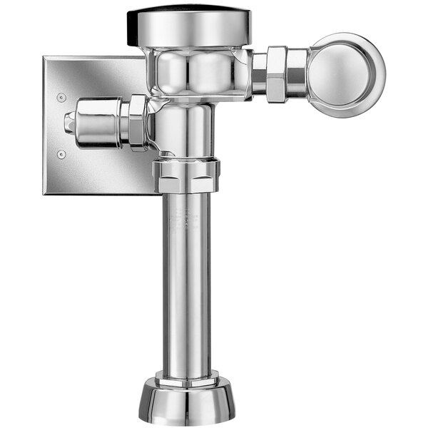 A chrome plated metal Sloan Optima water closet flushometer with a metal pipe.