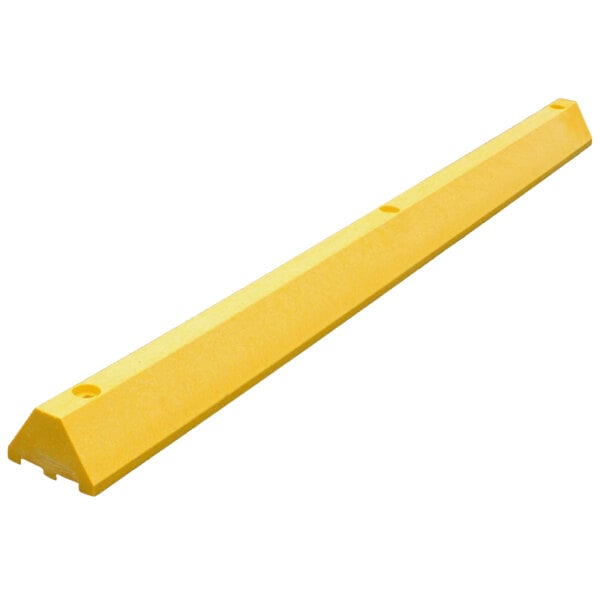 A yellow rectangular Plastics-R-Unique parking block with channels.