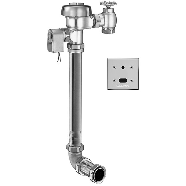 A Sloan rough brass urinal flushometer with a silver pipe and valve.