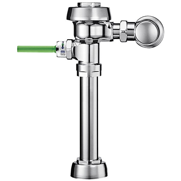 A close-up of a chrome plated Sloan Optima Crown water closet flushometer with silver fixtures.