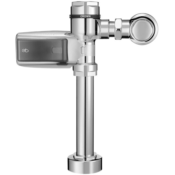 A close-up of a Sloan polished chrome metal water closet flushometer with a metal pipe.
