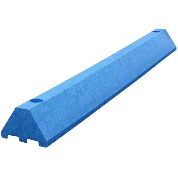 A blue rectangular Plastics-R-Unique parking block with channels.